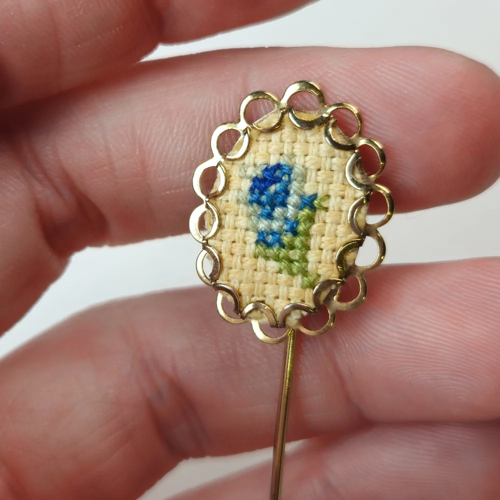 Vintage Blue Flower Cross Stitch Stick Pin Gold Tone